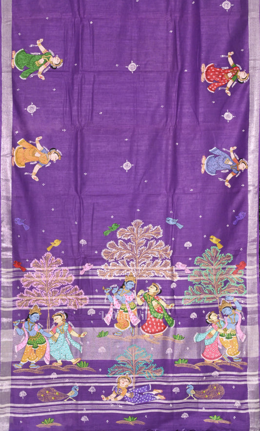 Blue Radha Krishna Raasleela Hand-Painted Pattachitra Saree 