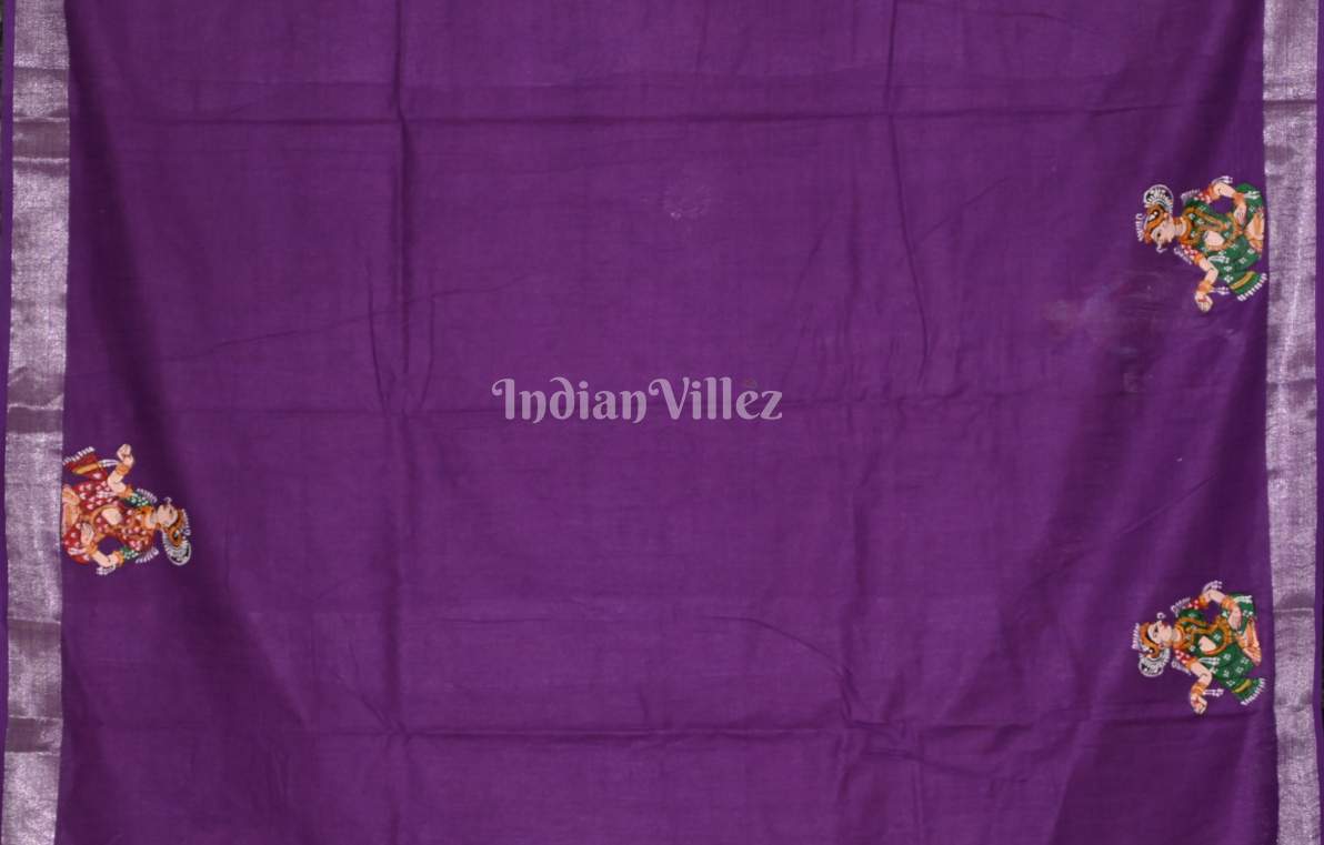 Pink Purple Krishna Rasa Leela Hand-Painted Pattachitra Saree