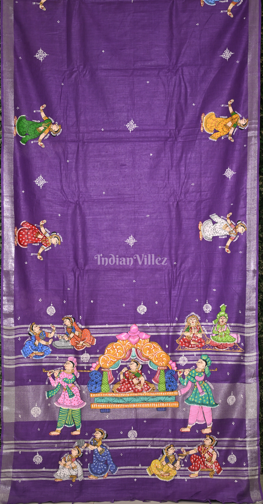 Purple Doli Barat Theme Hand-Painted Pattachitra Saree 