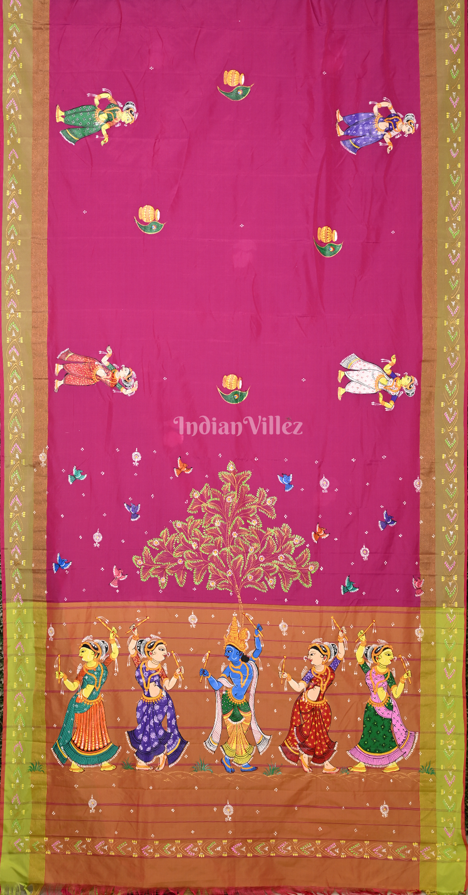 Rani Pink Krishna Raas Leela Hand-Painted Pattachitra Saree 