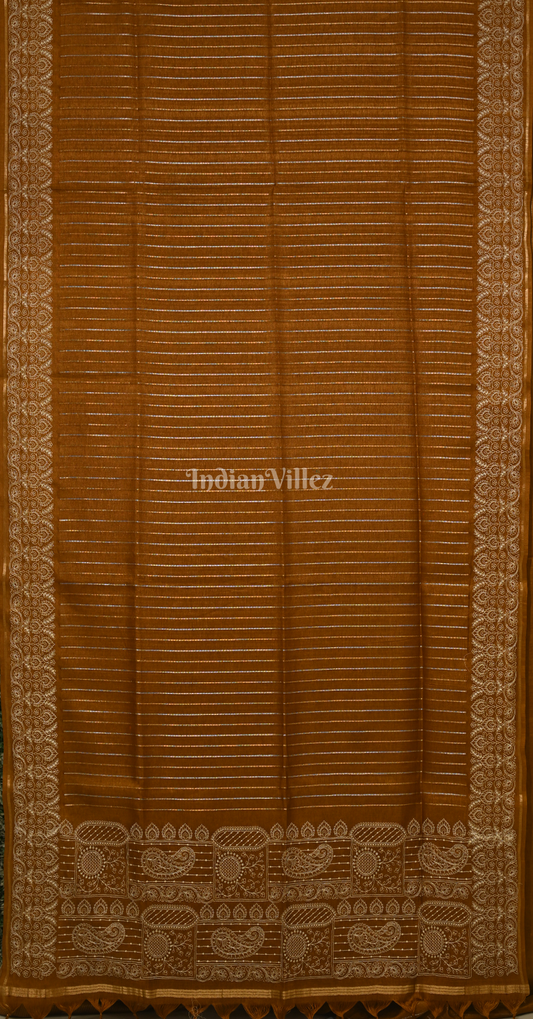 Brown Tussar Silk Saree with Floral Bird Embroidery Work