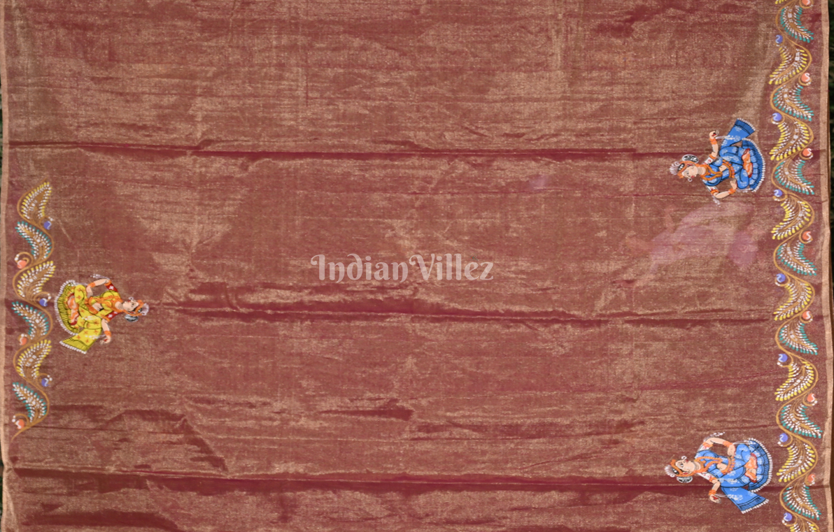  Rust Maroon Dual Tone Krishna Raas Leela Hand- Painted Pattachitra Saree (Tissue)