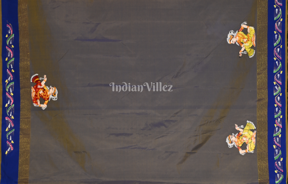 Yellow Grey Raja Doli Theme Hand-Painted Pattachitra Saree