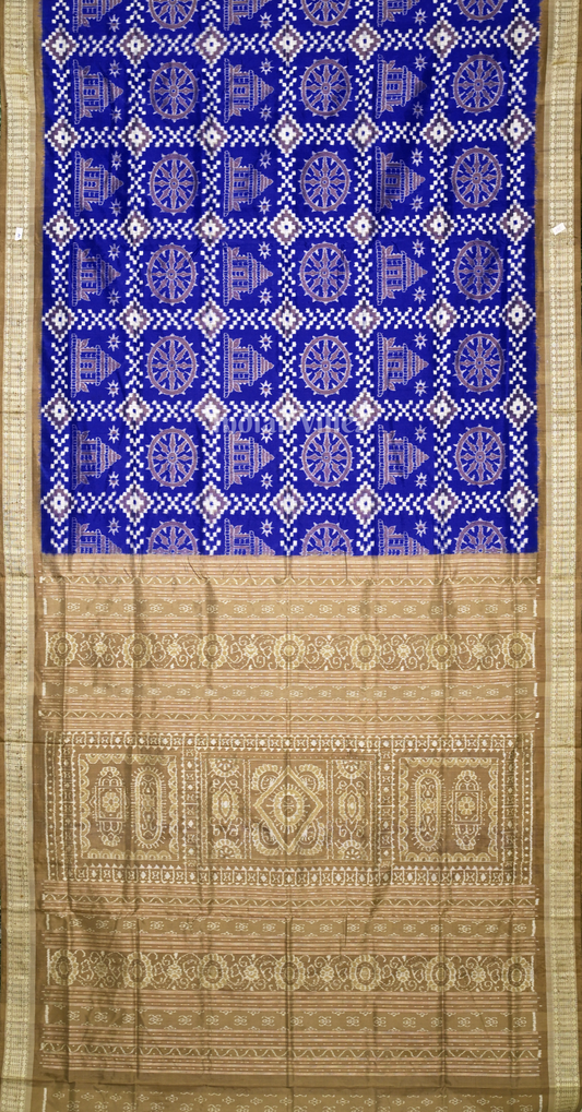 Blue Brown Konark Chakra Motif Odisha Ikat Sambalpuri Silk Saree 