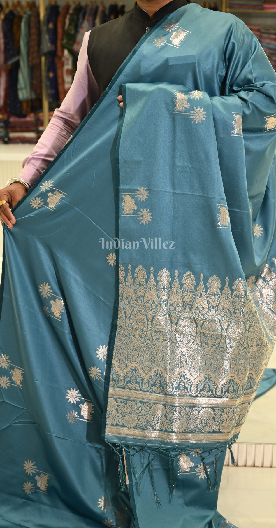 Teal Blue Mashru Satin Banarasi Silk Saree with Pichwai Motif