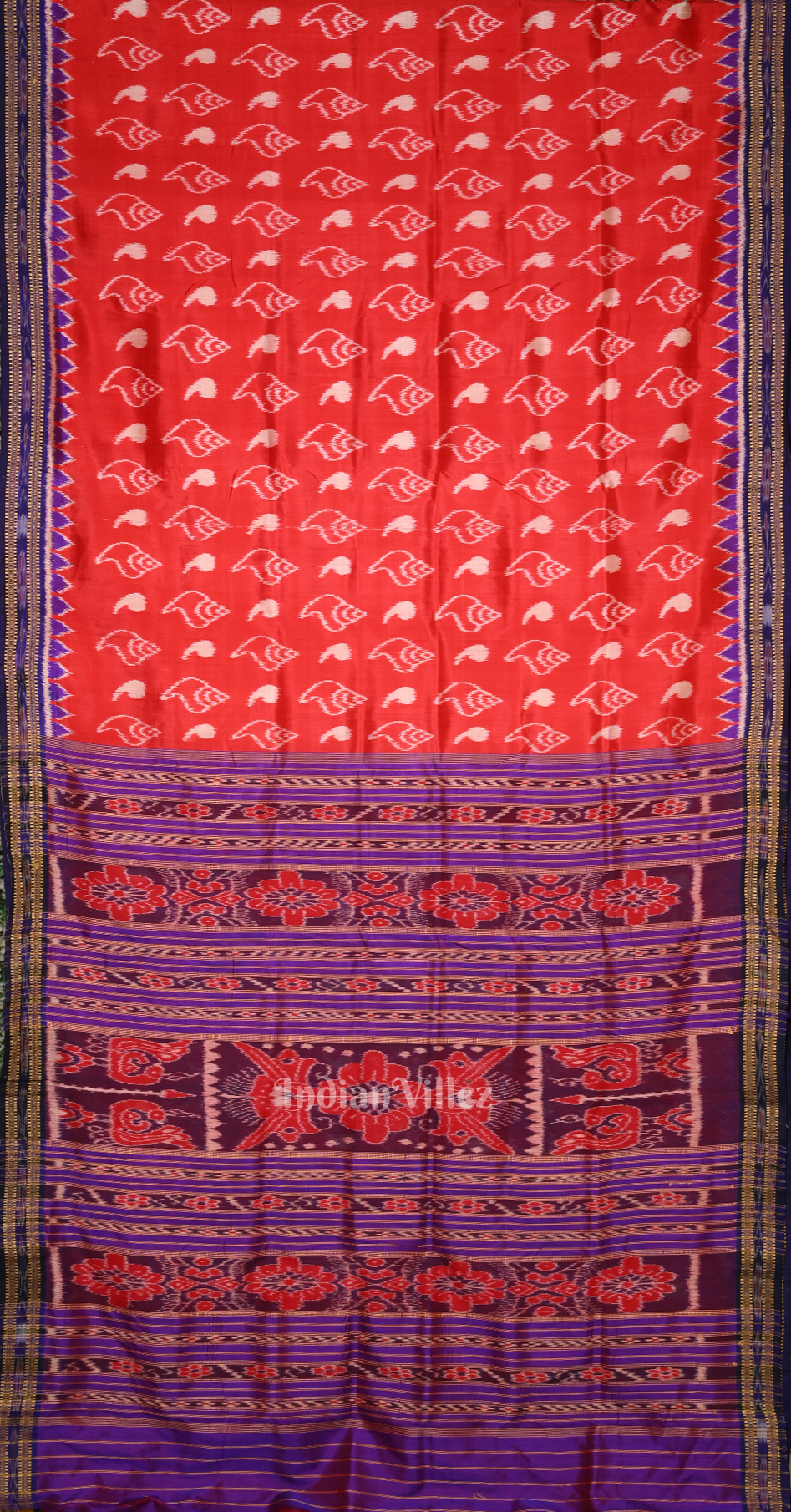 Red Blue Sankha Motif Odisha Ikat Khandua Silk Saree