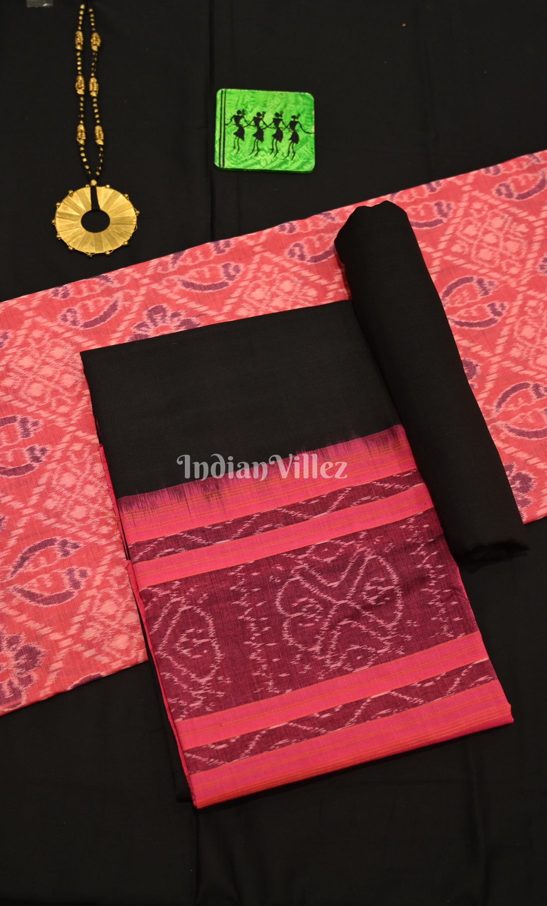 Light Pink Black Odisha Ikat Sambalpuri Dress Set & Dupatta 