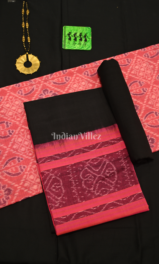 Light Pink Black Odisha Ikat Sambalpuri Dress Set & Dupatta 