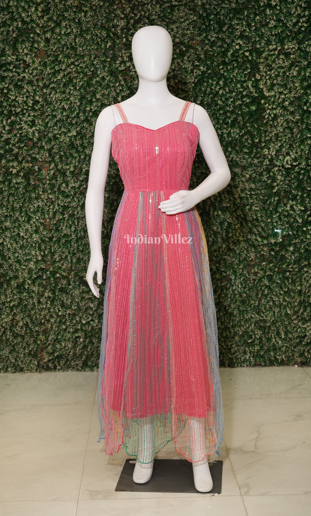 Party Wear Pink Noodle Strap Designer Sequin Gown