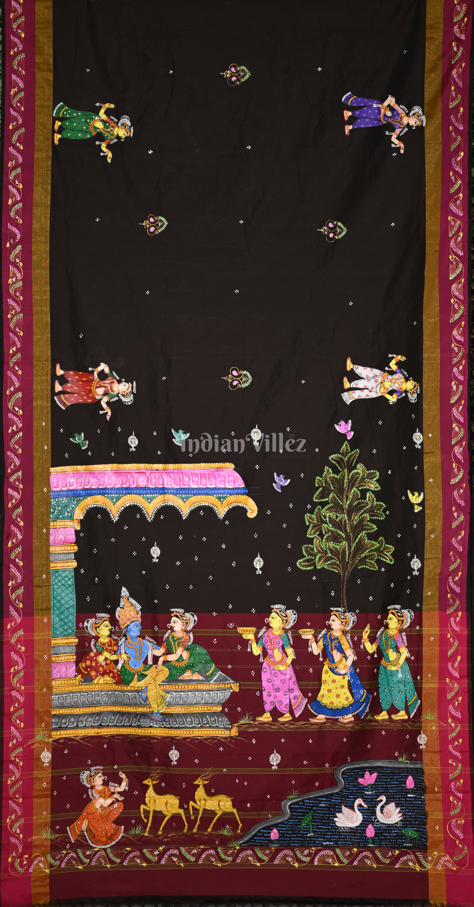 Black Maroon Radha Krishna Raas Leela Hand-Painted Pattachitra Saree 