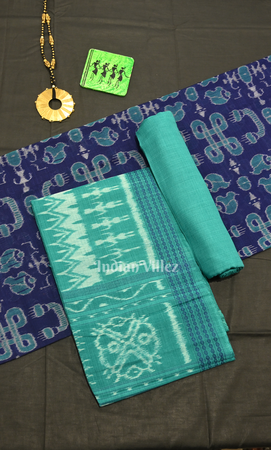 Blue Sea Green Tribal Theme Odisha Ikat Sambalpuri Dress Set & Dupatta 