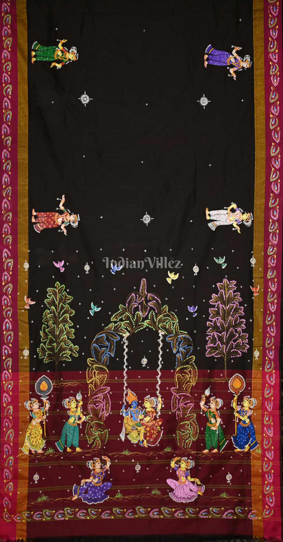 Black Maroon Krishna Radha Doli Theme Hand-Painted Pattachitra Saree 