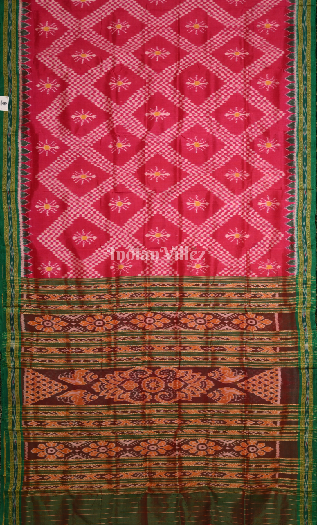 Rani Pink Green Tarabali Odisha Ikat Khandua Silk Saree