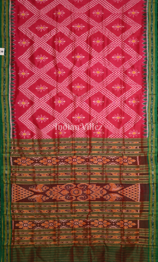 Rani Pink Green Tarabali Odisha Ikat Khandua Silk Saree