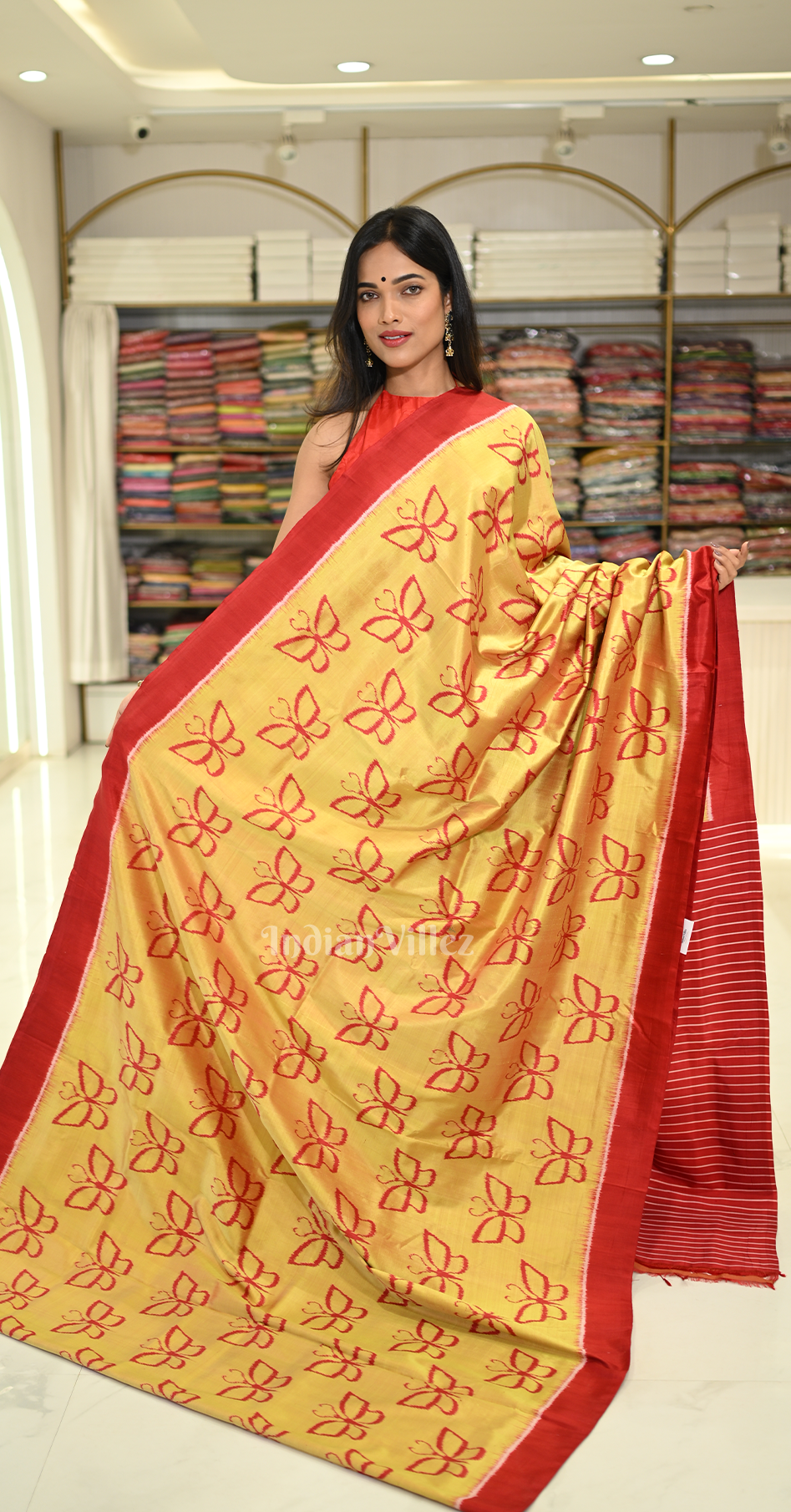 Light Yellow Red Butterfly Design Contemporary Silk Saree