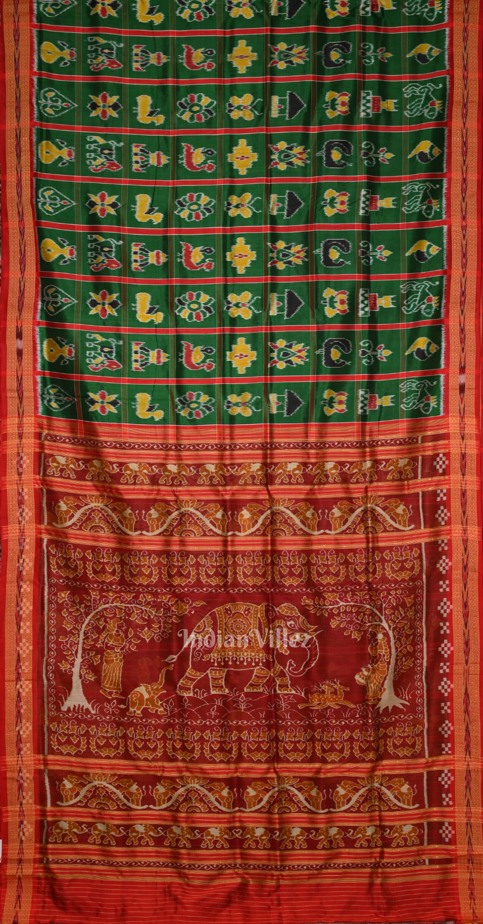 Green Red Nabakothi Odisha Ikat Khandua Silk Saree with Elephant Anchal