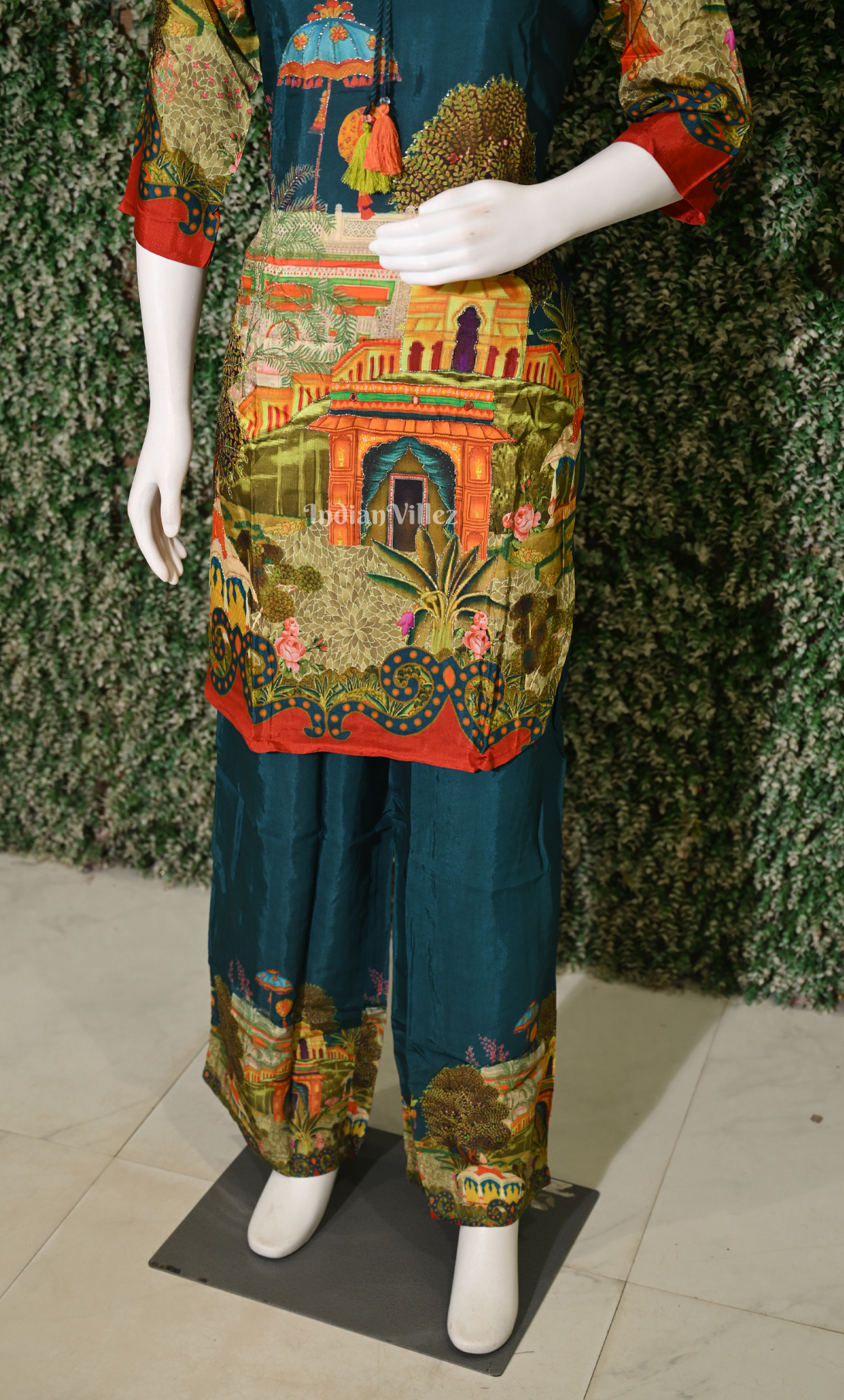 Designer Teal Blue Printed Kurta & Pant Set-(Co-Ords Set) 