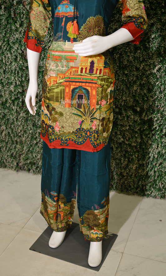 Designer Teal Blue Printed Kurta & Pant Set-(Co-Ords Set) 