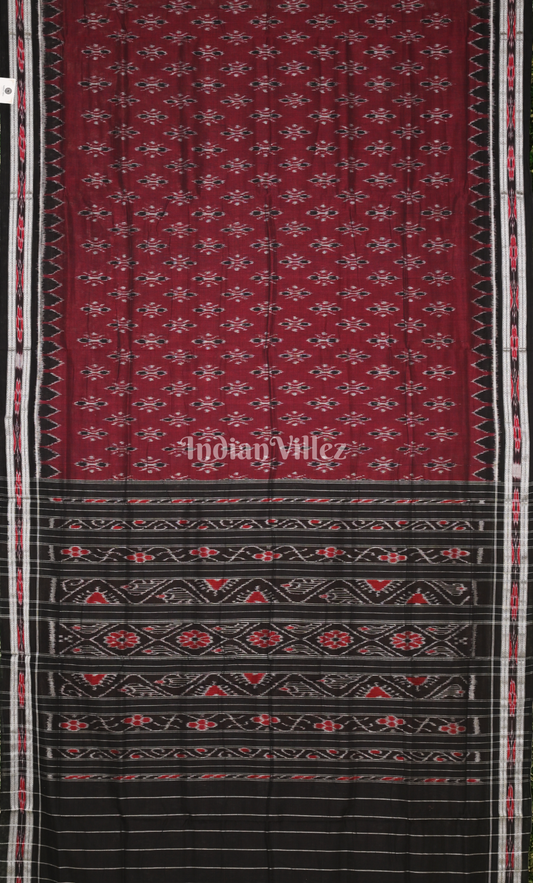 Maroon Black Damru Pasapali Odisha Ikat Maniabandha Cotton Saree 