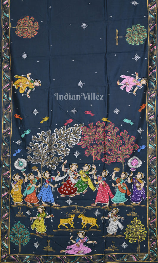 Grey Raja Doli Theme Hand-Painted Pattachitra Saree