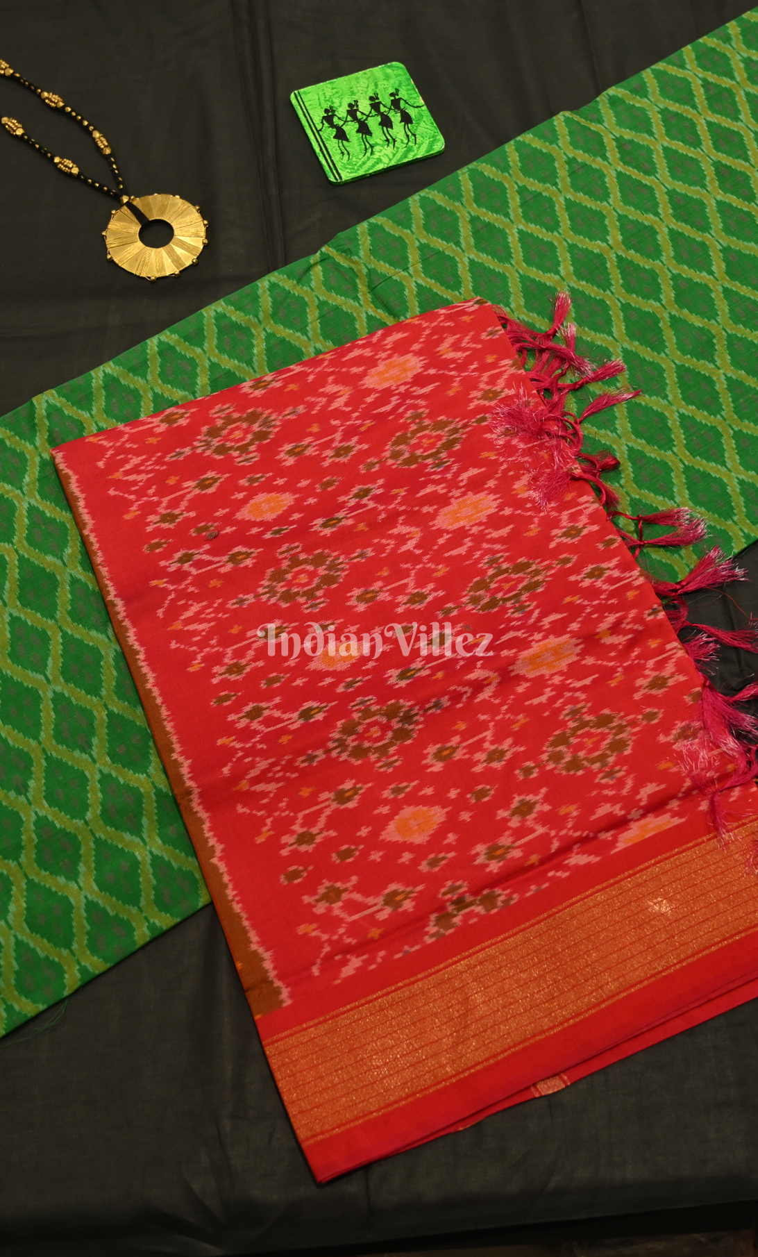 Green Red Pochampally Ikat Sico Unstitched Suit Sets