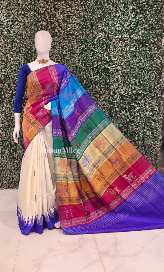 White Blue Fish Motif Double Pallu Berhampuri Silk Saree