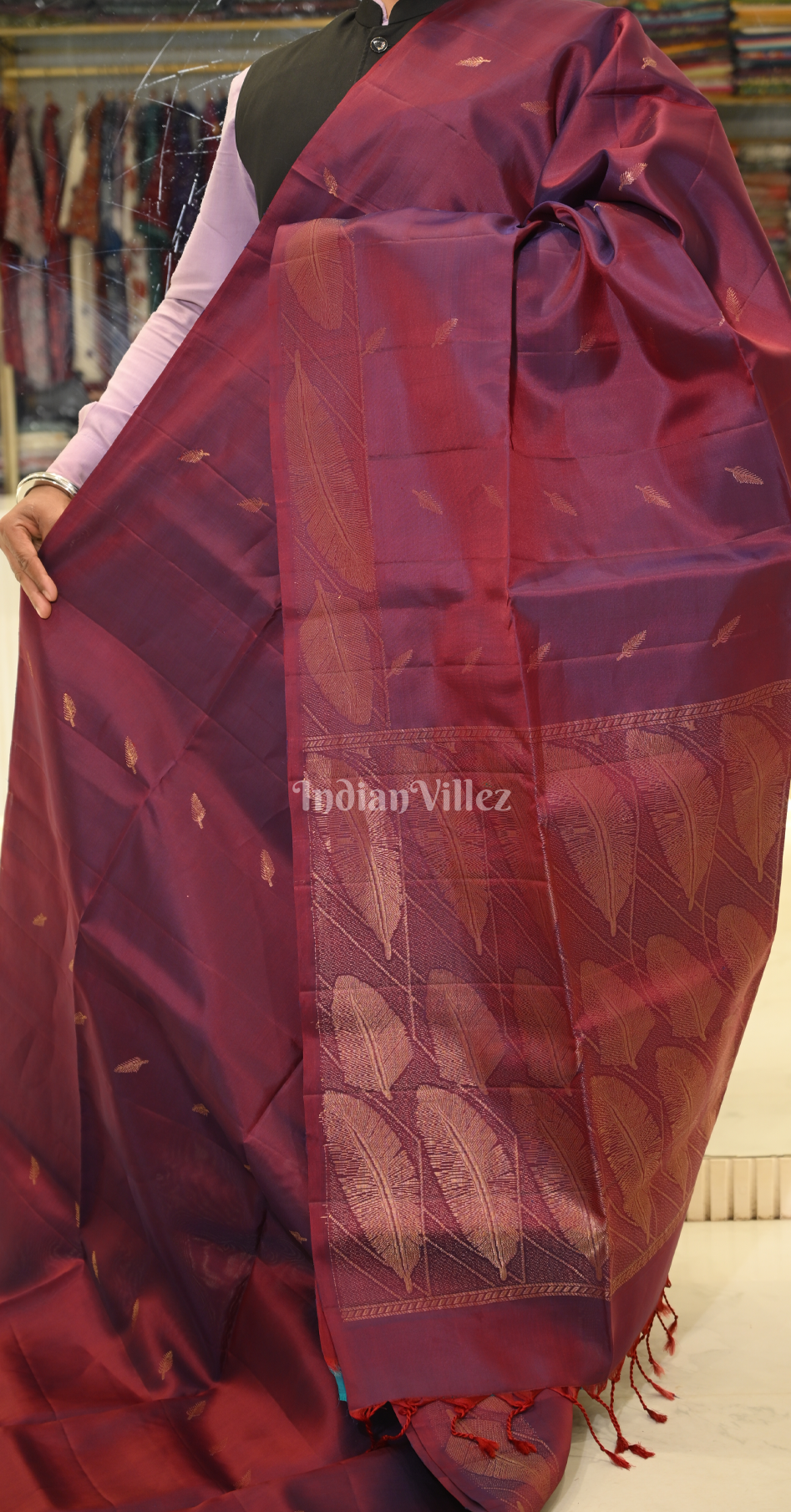 Purple Wine Leaves Design Pure Kanjivaram Soft Silk Saree 