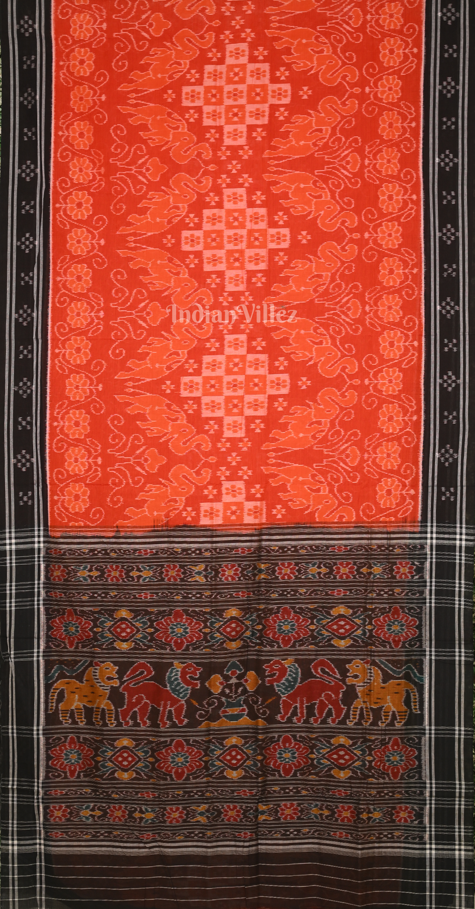 Orange Black  Pasapali Odisha Ikat Sambalpuri Pure Cotton Saree with Jungle Anchal