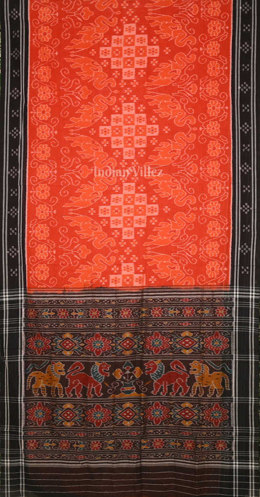 Orange Black  Pasapali Odisha Ikat Sambalpuri Pure Cotton Saree with Jungle Anchal