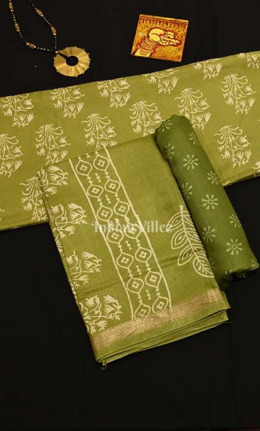 Mehendi Green Block Printed Cotton Suit Sets