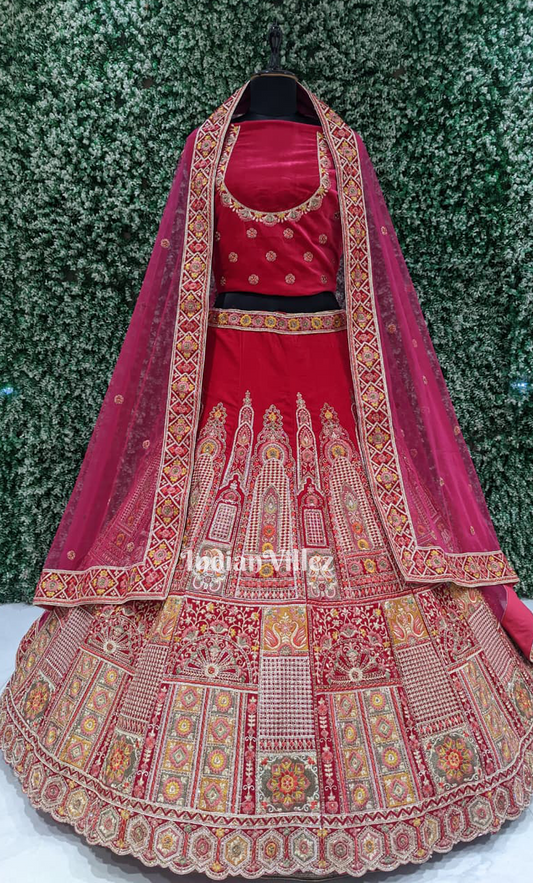  Exclusive Designer Red Embroidered Velvet Lehenga Choli with Dupatta