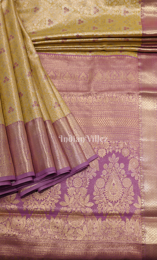 Mustard Yellow Purple Brocade Pure Kanjivaram Silk Saree