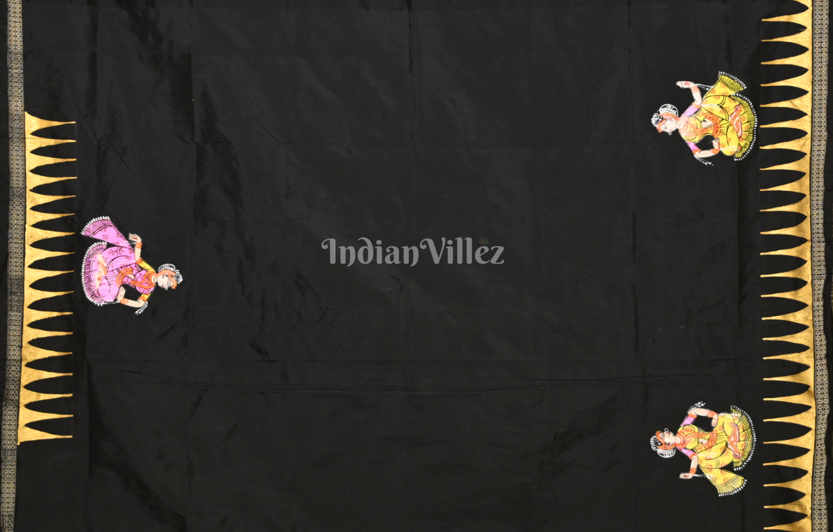 Green with Black Kandarpa Kalash Theme Hand-Painted Pattachitra Saree 