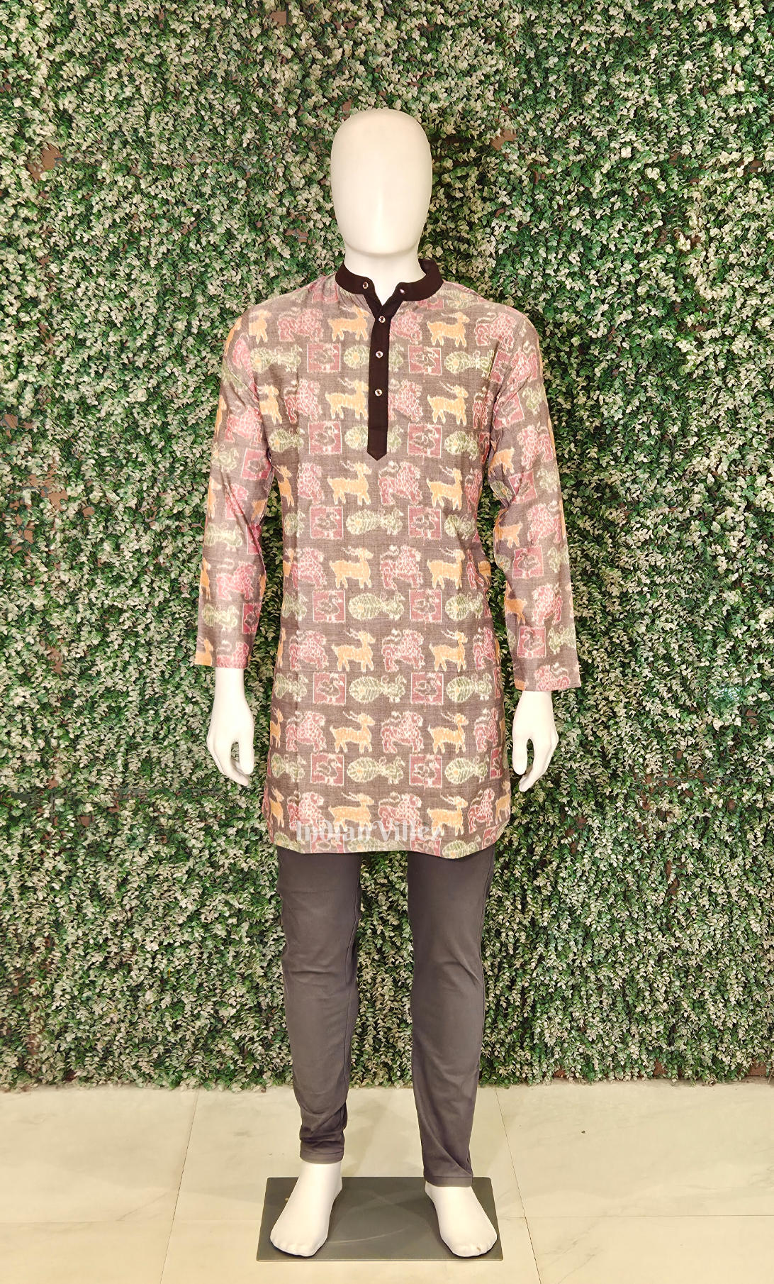 Grey Pink Jungle Theme Odisha Ikat Cotton Kurta for Men 