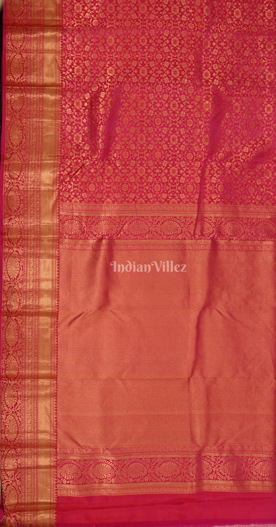 Exclusive Rani Pink Golden Floral Zari Brocade Pure Kanjivaram Silk Saree 