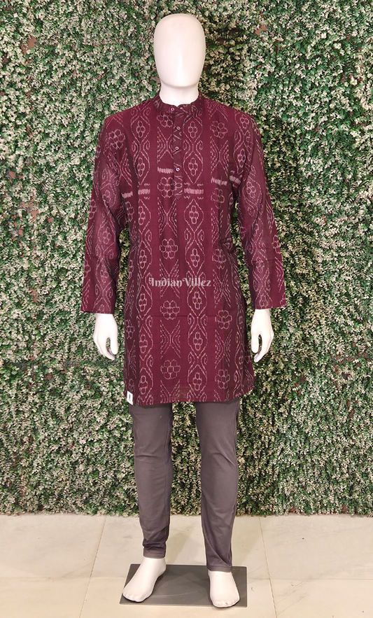 Maroon Flower Pasapali Odisha Ikat Cotton Kurta for Men 