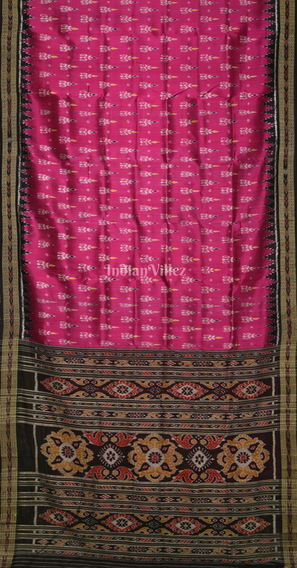 Magenta Pink Black Tribal Motif Odisha Ikat Khandua Silk Saree 
