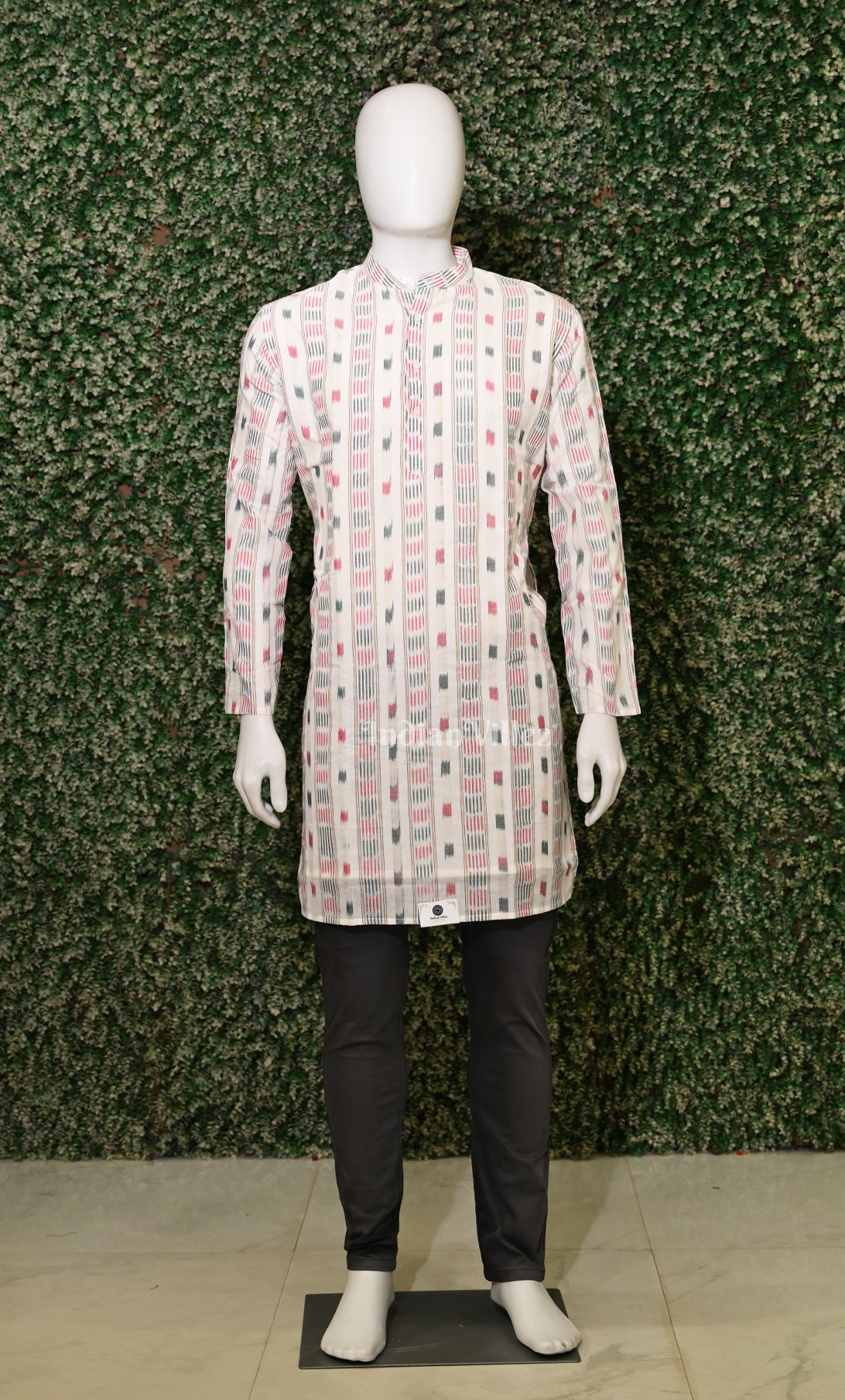 White with Multicolor Odisha Ikat Cotton Kurta for Men 