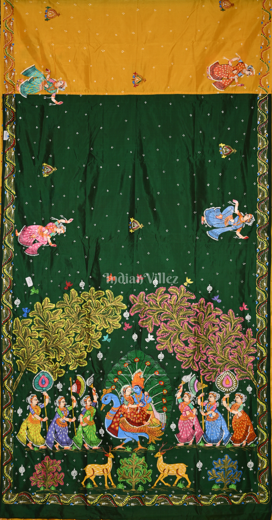 Yellow Green (Mayur) & Nartaki Theme  Hand-Painted Pattachitra Saree 
