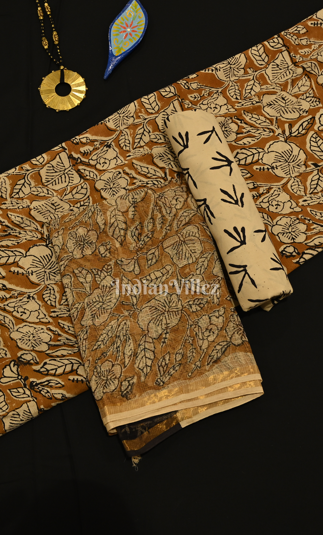 Cream Brown  Bagru Block Printed Cotton Suit Sets 
