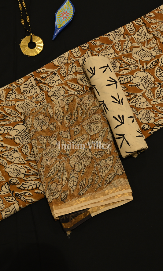 Cream Brown  Bagru Block Printed Cotton Suit Sets 