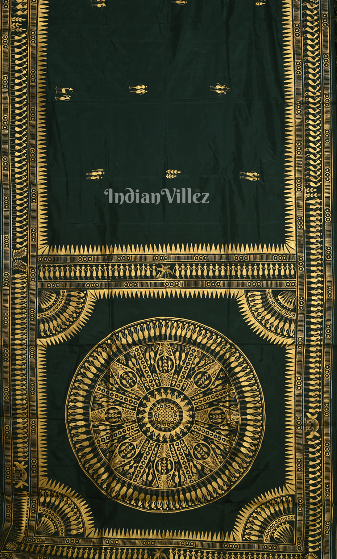 Bottle Green Tribal Konark Chakra Hand-Painted Pattachitra Saree 