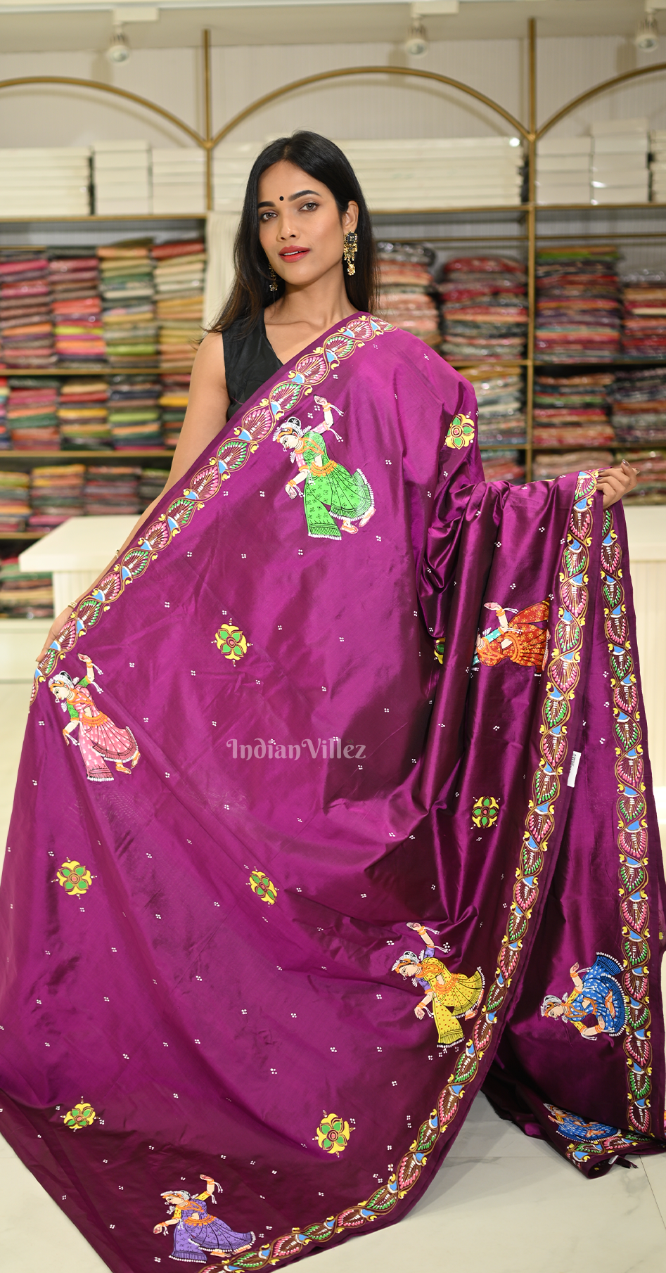 Purple Ram Sita Vivah Theme Hand-Painted Pattachitra Saree