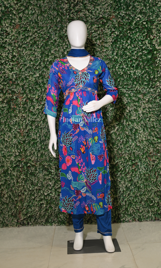 Royal Blue Floral Embroidered Alia Cut Kurta Plazzoo with Dupatta set