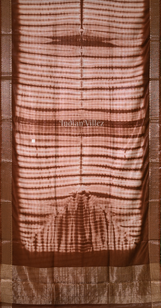 Coffee Block Printed Shibori Cotton Saree 