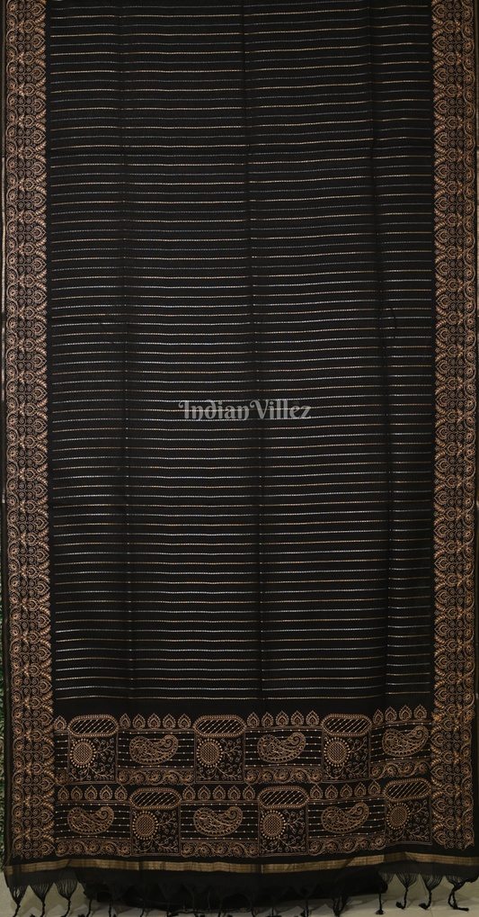 Black Stripped Tussar Silk Saree with Embroidery Work 