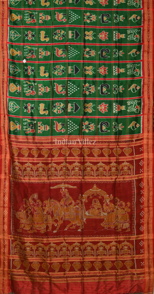 Green Maroon Nabakothi Odisha Ikat Khandua Silk Saree with Doli Barat Anchal