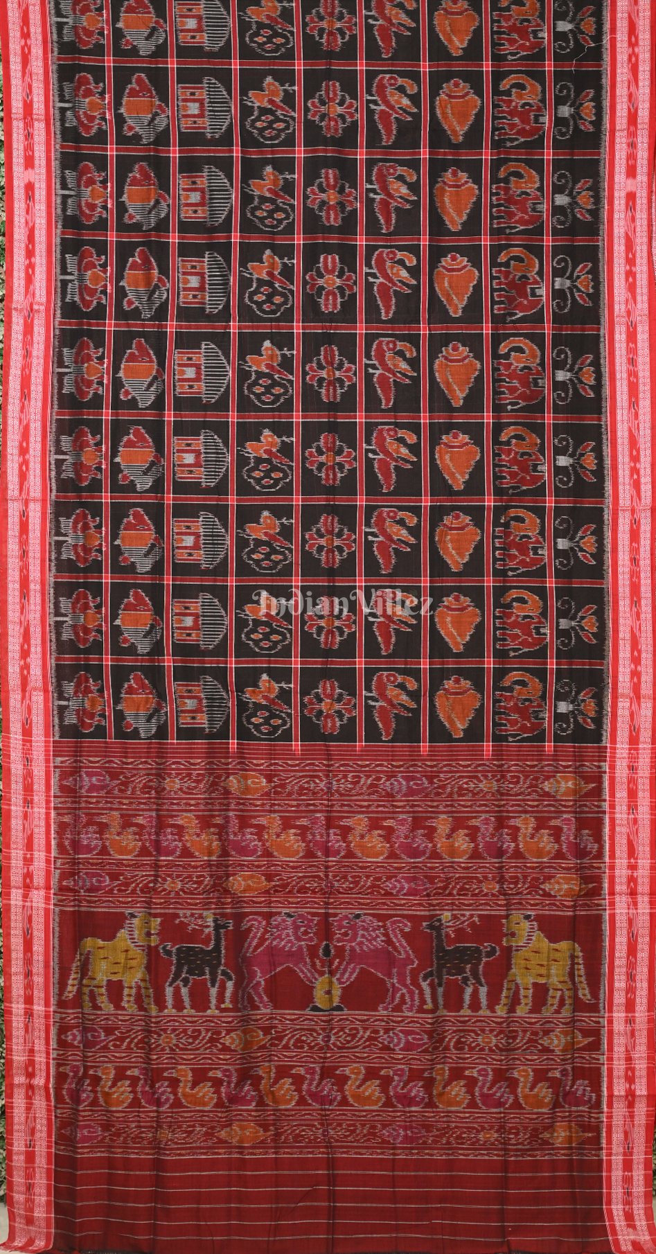 Black Maroon Nabakothi Odisha Ikat Sambalpuri Cotton Saree with Jungle Theme Anchal