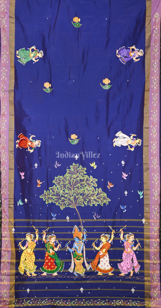 Blue Krishna Raas Leela Hand-Painted Pattachitra Saree 