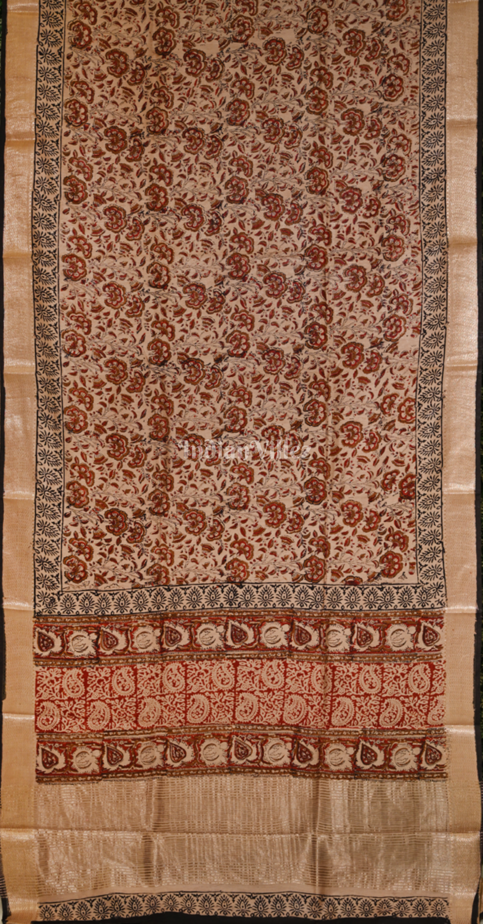 Beige with Maroon Block Printed Bagru Cotton Saree 